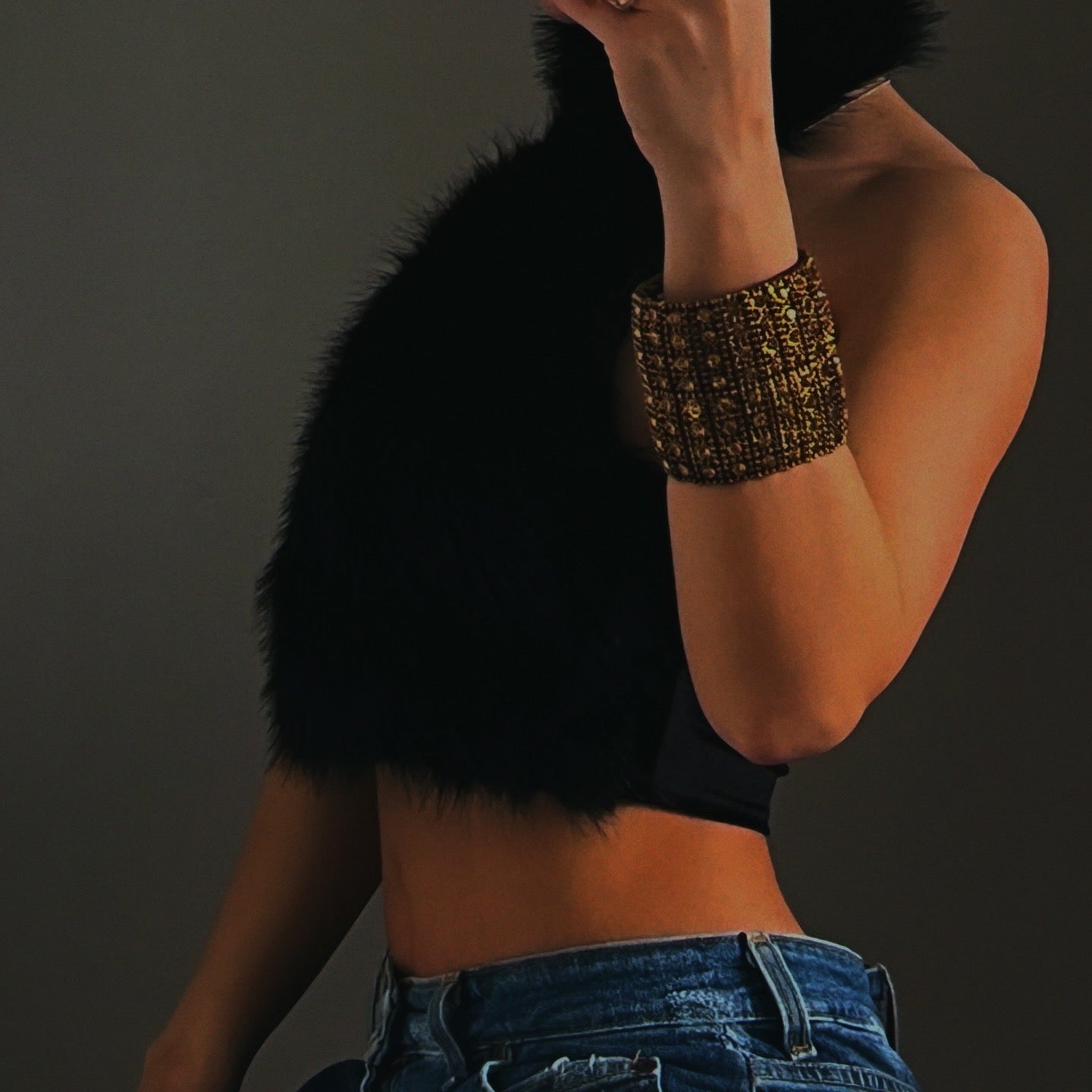 MIDNIGHT FUR BACKLESS HALTER NECK TOP