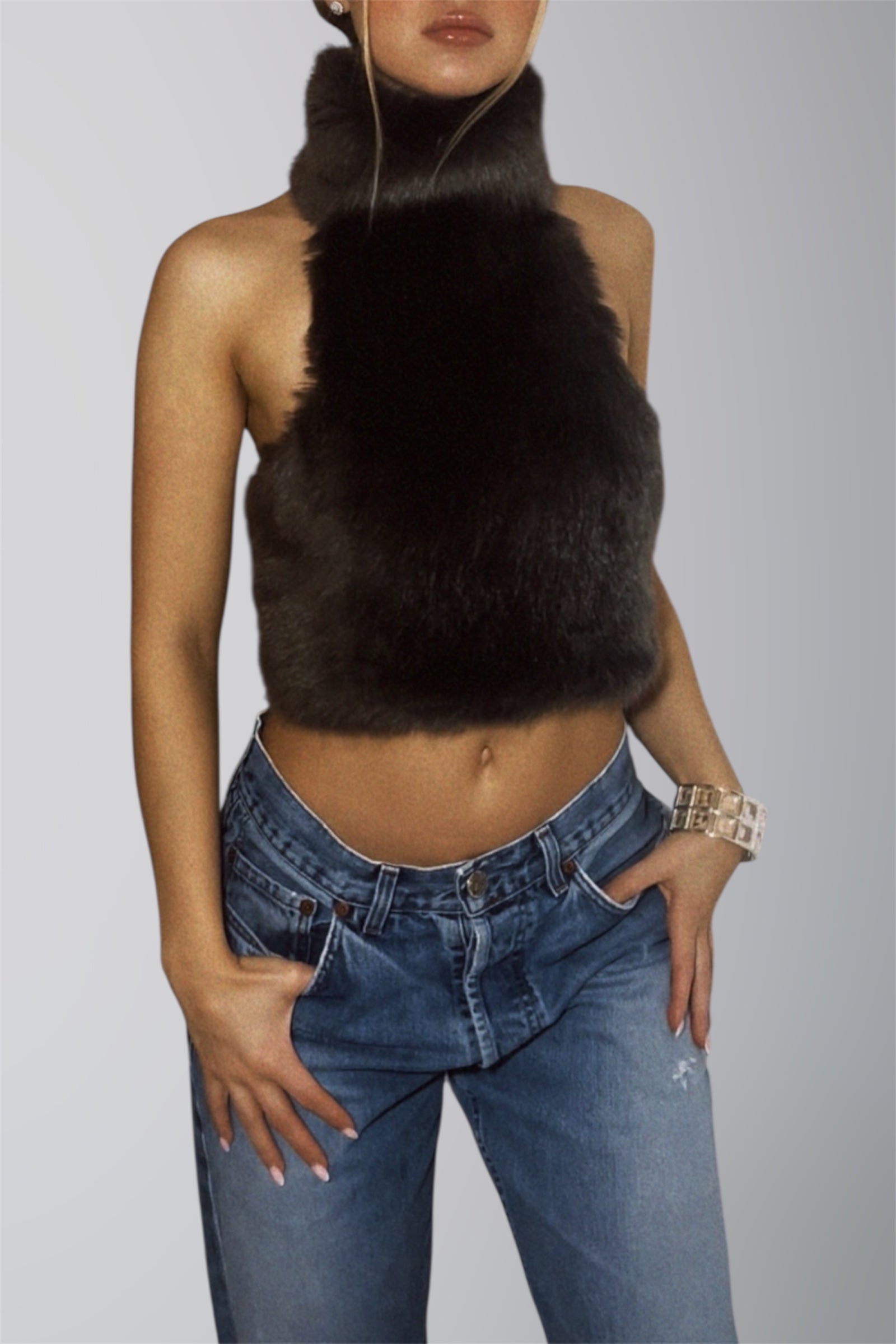CHOCOLATE FUR BACKLESS HALTER NECK TOP