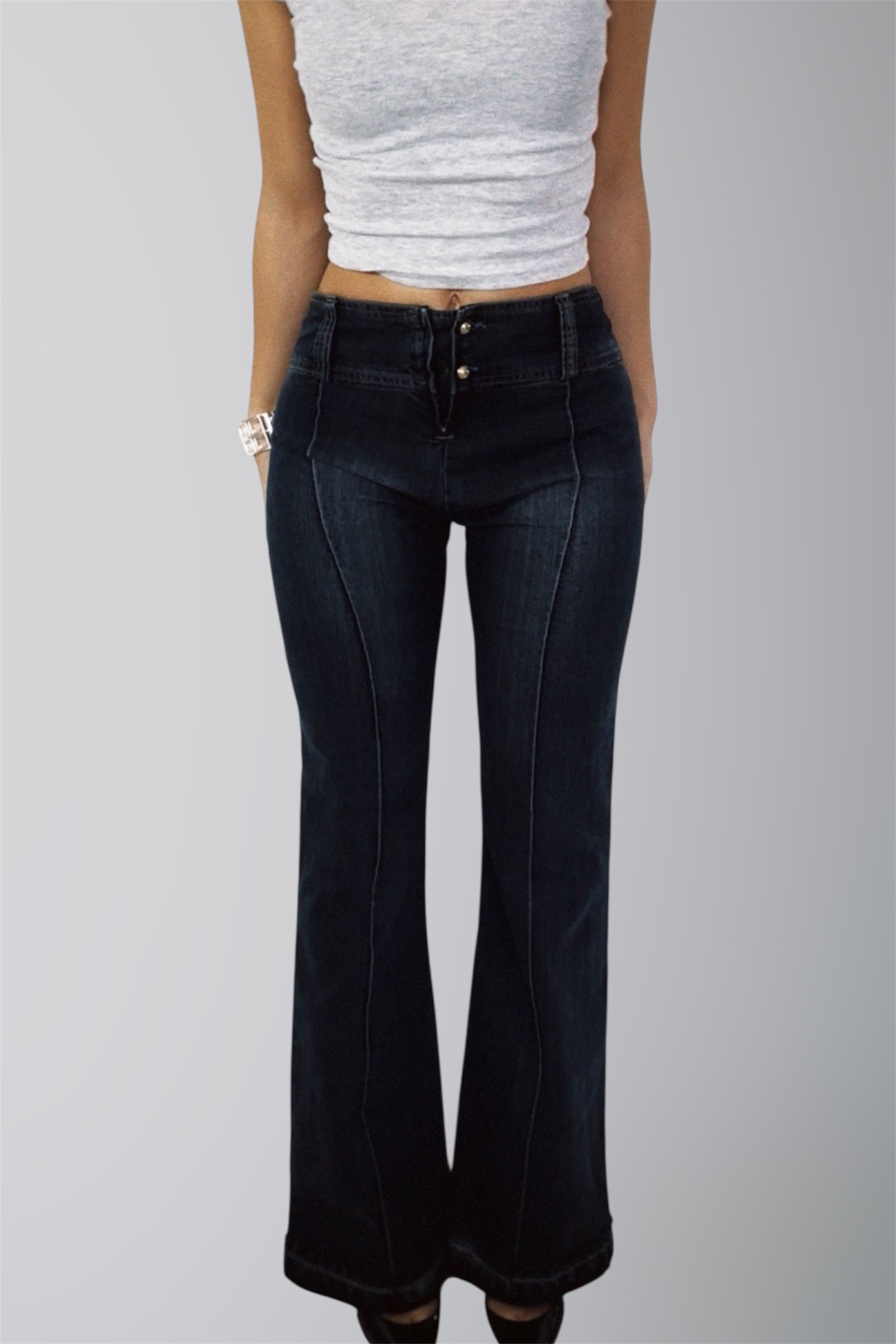 AURA DENIM RE WORK DARK BLUE LOW SCOOP WAISTED FLARE JEAN W28 L41