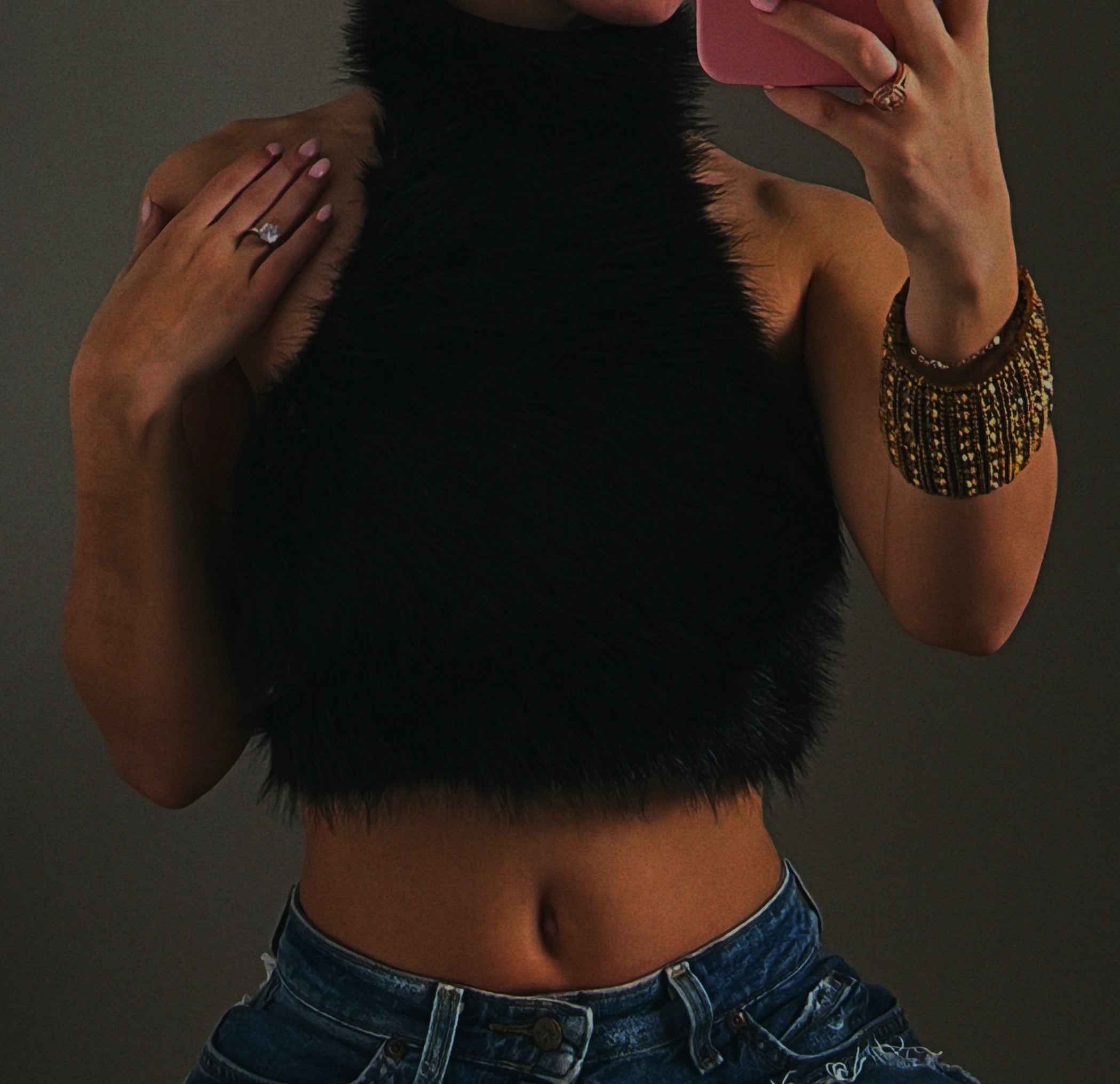 MIDNIGHT FUR BACKLESS HALTER NECK TOP